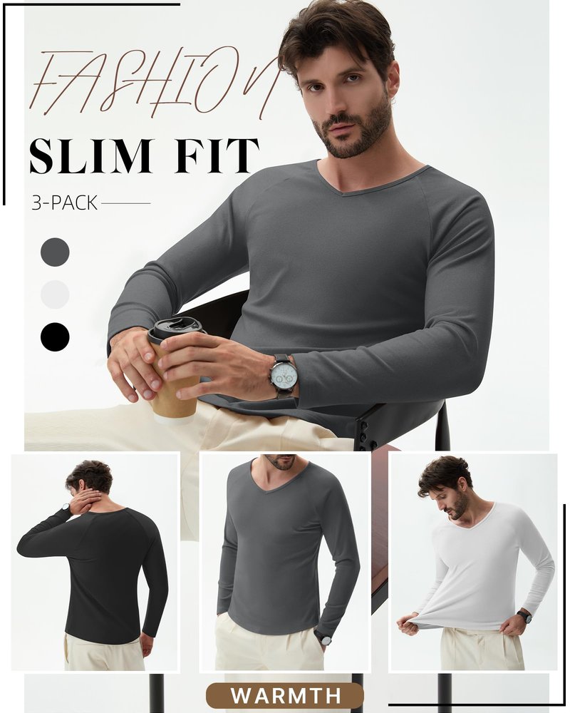 Riyiper 3 Pack Men's Thermal Shirts Long Sleeve Thick T-Shirt V Neck Fleece Undershirts Basic Comfortable Winter Layer Tops(Black, White, Gray,X-Large)
