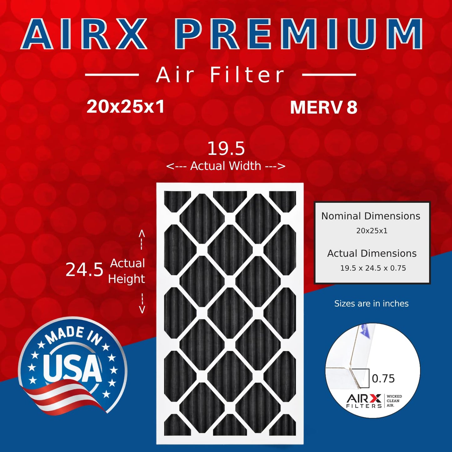AIRX FILTERS WICKED CLEAN AIR. 20x25x1 Air Filter Odor Eliminator Carbon Filter MERV 8 AC HVAC Furnace Filters 6 Pack