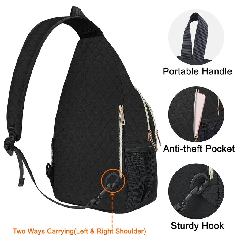 MOSISO Sling Backpack, Rhombus Quilted Crossbody Bag with Front Pockets Casual Chest Shoulder Travel Hiking Daypack Bag, Black