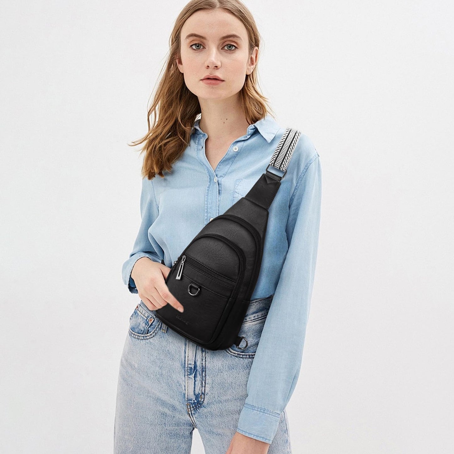 cakang Crossbody Bags for Women Leather Sling Bag Crossbody Purse Travel Chest Bag Trendy with Anti Theft Back Pocket Black