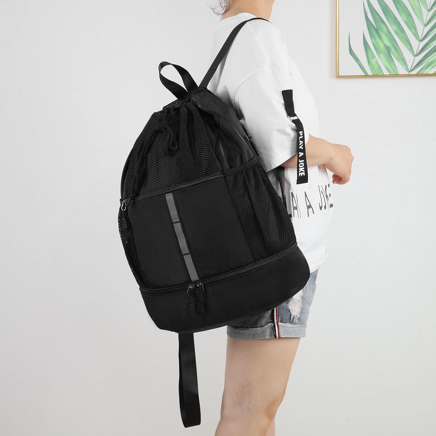 Valleycomfy Drawstring Gym Bag - Sports Backpack with Shoe Compartment & Reflective Strips | Black