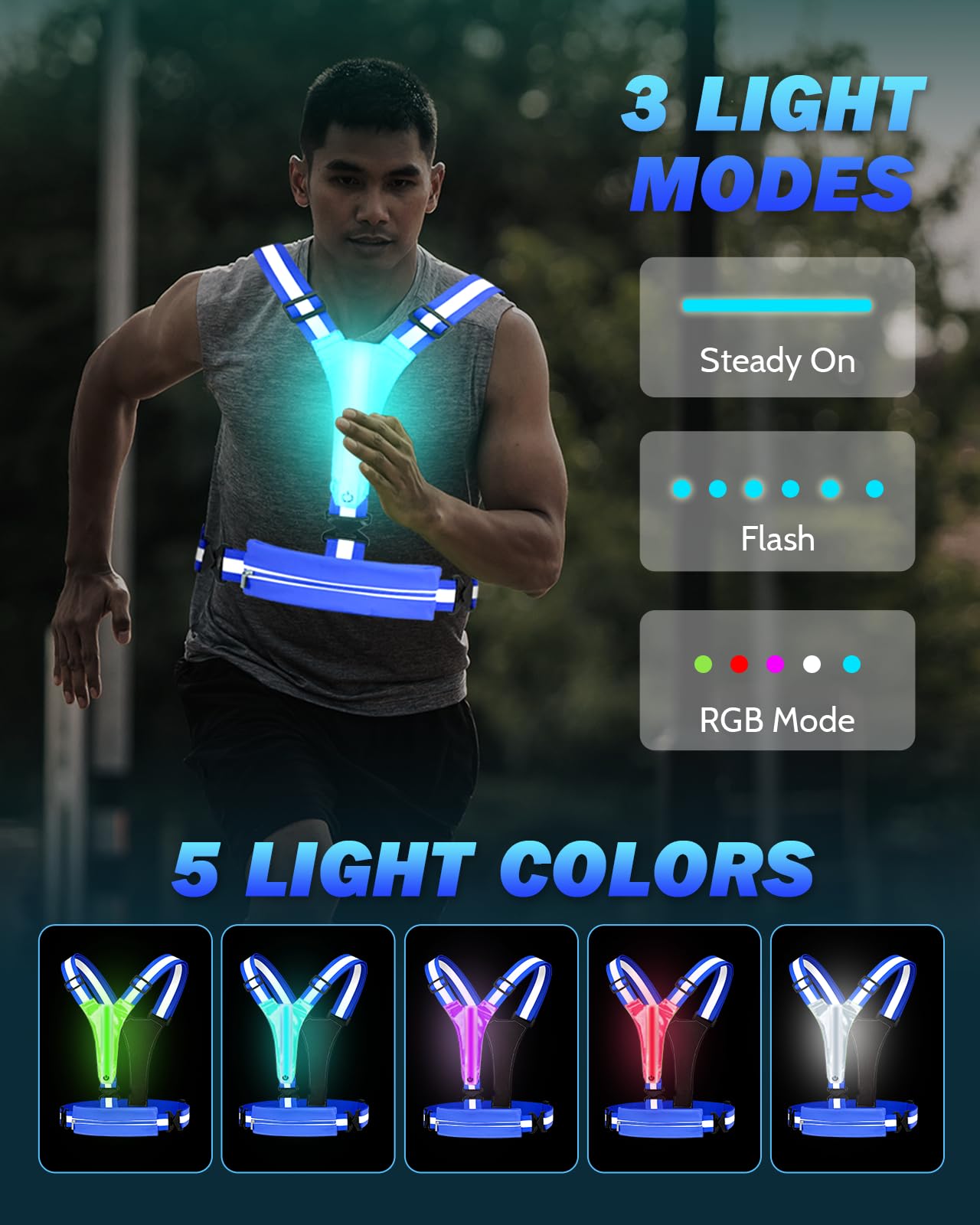 Fitense LED Reflective Vest, 5 Colors Light Up Running Vest Rechargeable Running Lights for Runners High Visibility Reflective Running Gear, Adjustable for Men and Women