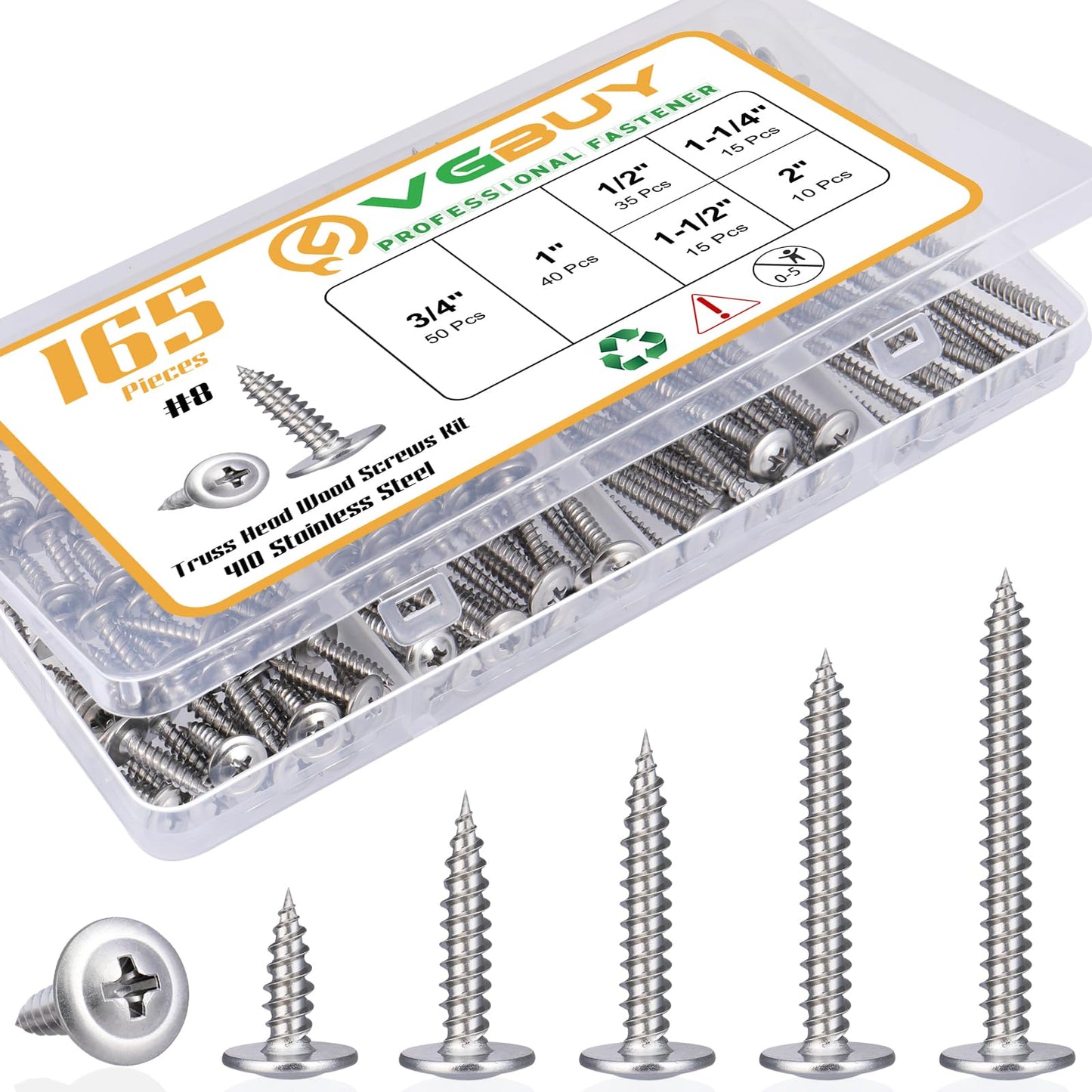 VGBUY 165Pcs #8 Modified Truss Head Wood Screws Assortment Kit, Stainless Steel 410 Quick Metal Self Tapping Screws, 6 Sizes (1/2", 3/4", 1", 1-1/4", 1-1/2", 2")