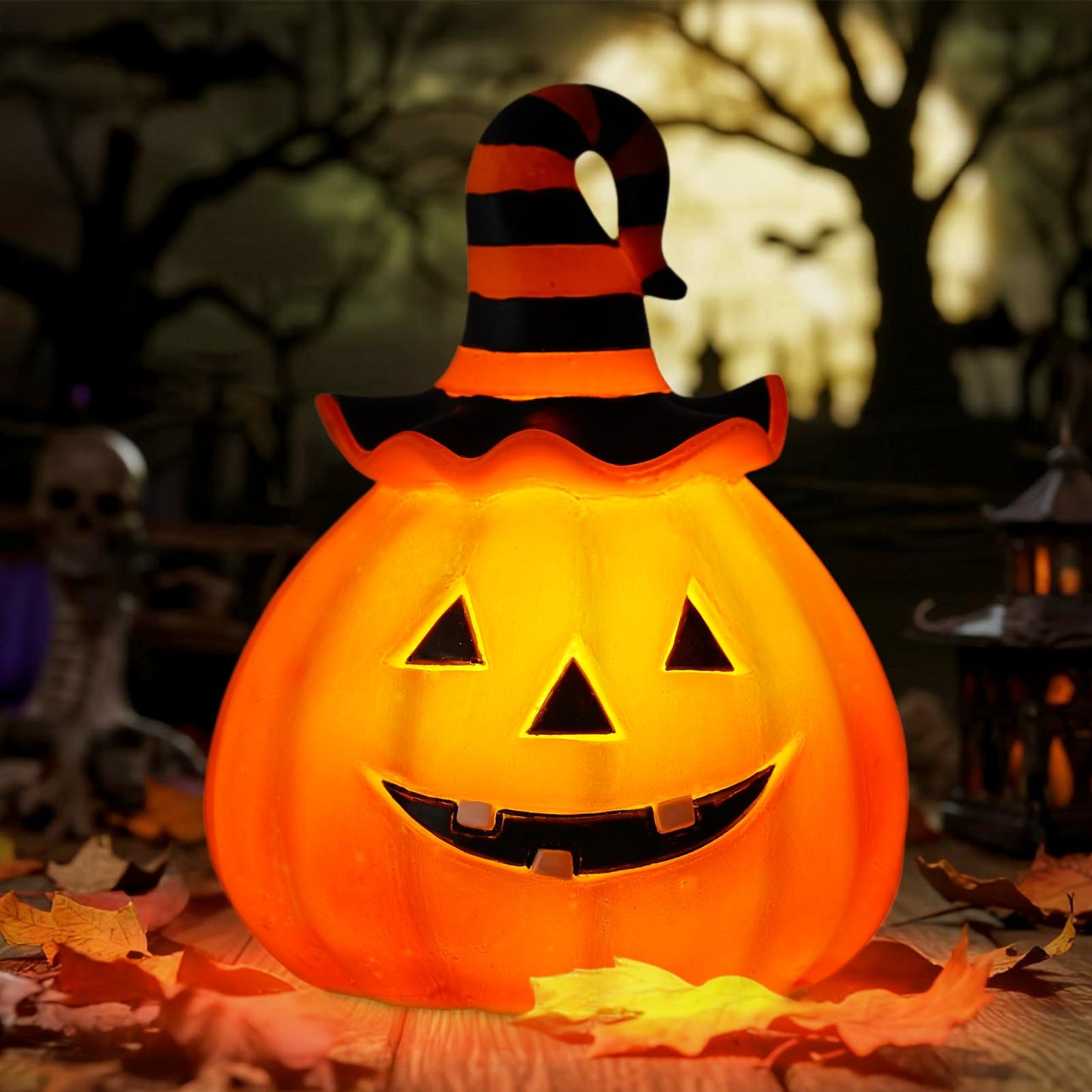 Halloween Pumpkin Decorations Outdoor Solar Lights – Jack O Lantern Garden Statue with Witch Hat, Waterproof Resin Pumpkin Decor for Yard, Patio & Pathway, Fall Decorations