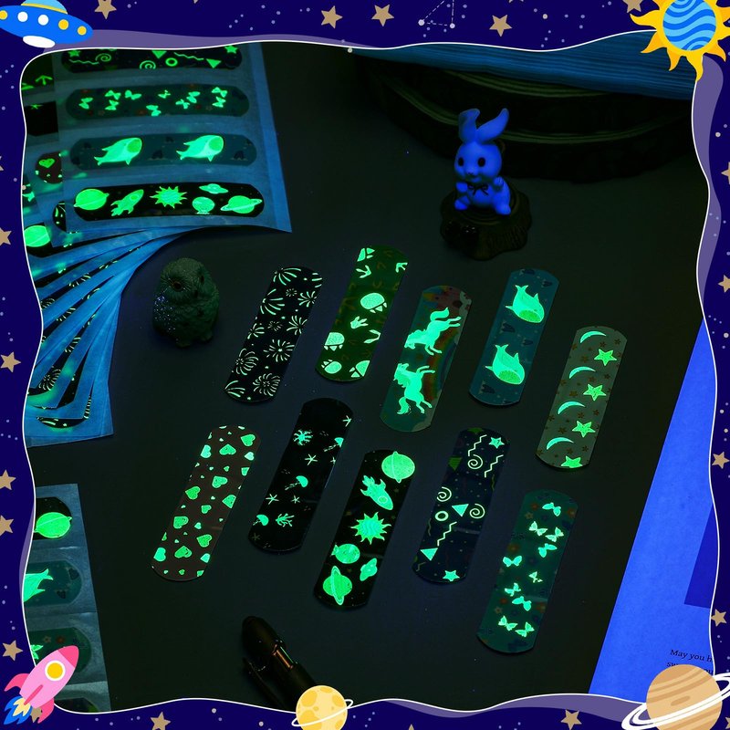 Geiserailie 300 Pcs Kids Bandages, Glow in The Dark Cartoon Bandage Cute Waterproof Neon Bandages for Kids Adults 5 Styles Adhesive Bandage Variety Pack for Scrapes Wounds First Aid for Cuts(Mixed)