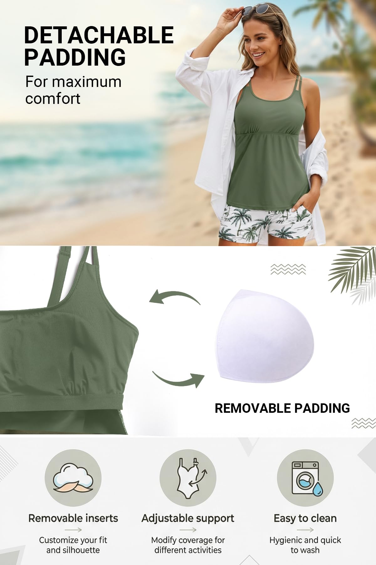 Tempt Me Two Piece Tankini Swimsuits for Women Tummy Control Bathing Suit with Shorts Athletic Two Side Pockets Swimwear
