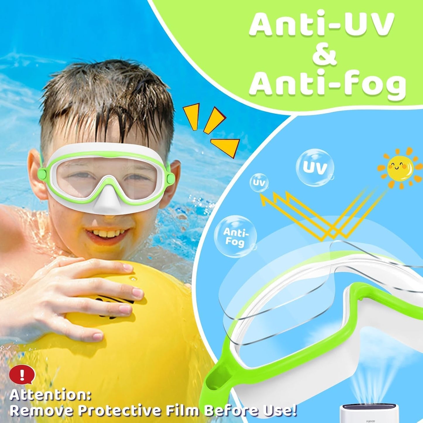 Vvinca Kids Swim Goggles - Anti-Fog Diving Mask with Nose Cover | Wide View, UV Protection for Ages 3-5