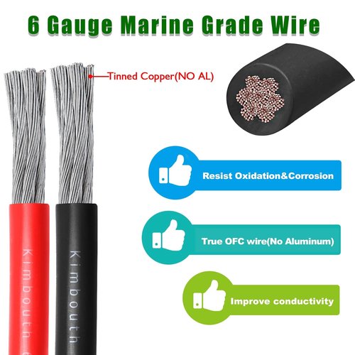 Marine Wire - 6 Gauge Tinned Copper Boat Cable for Automotive & Solar Use | 10FT Red & 10FT Black