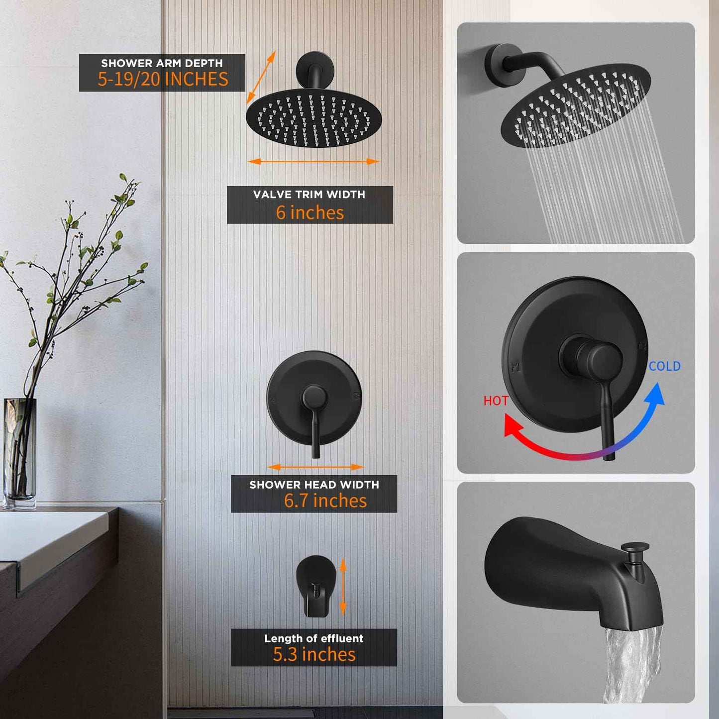 Tub Shower Faucet Set Valve Included with 6-Inch Rain Shower Head and Tub Spout Single-Handle Tub and Shower Trim Kit Matte Black