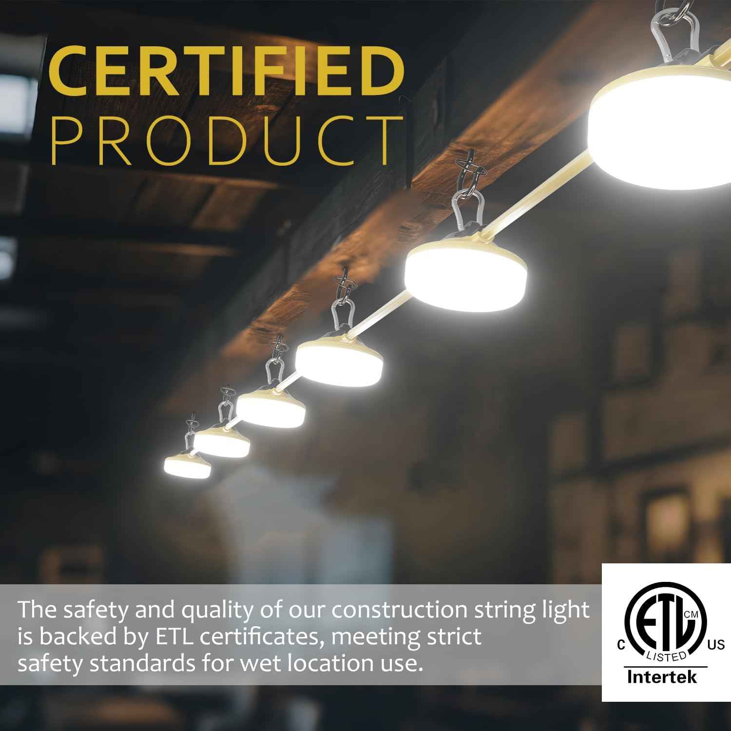 50FT LED Construction String Lights - 5000LM Daylight, IP65 Waterproof, 50W Temporary Work Lighting for Indoor/Outdoor Use