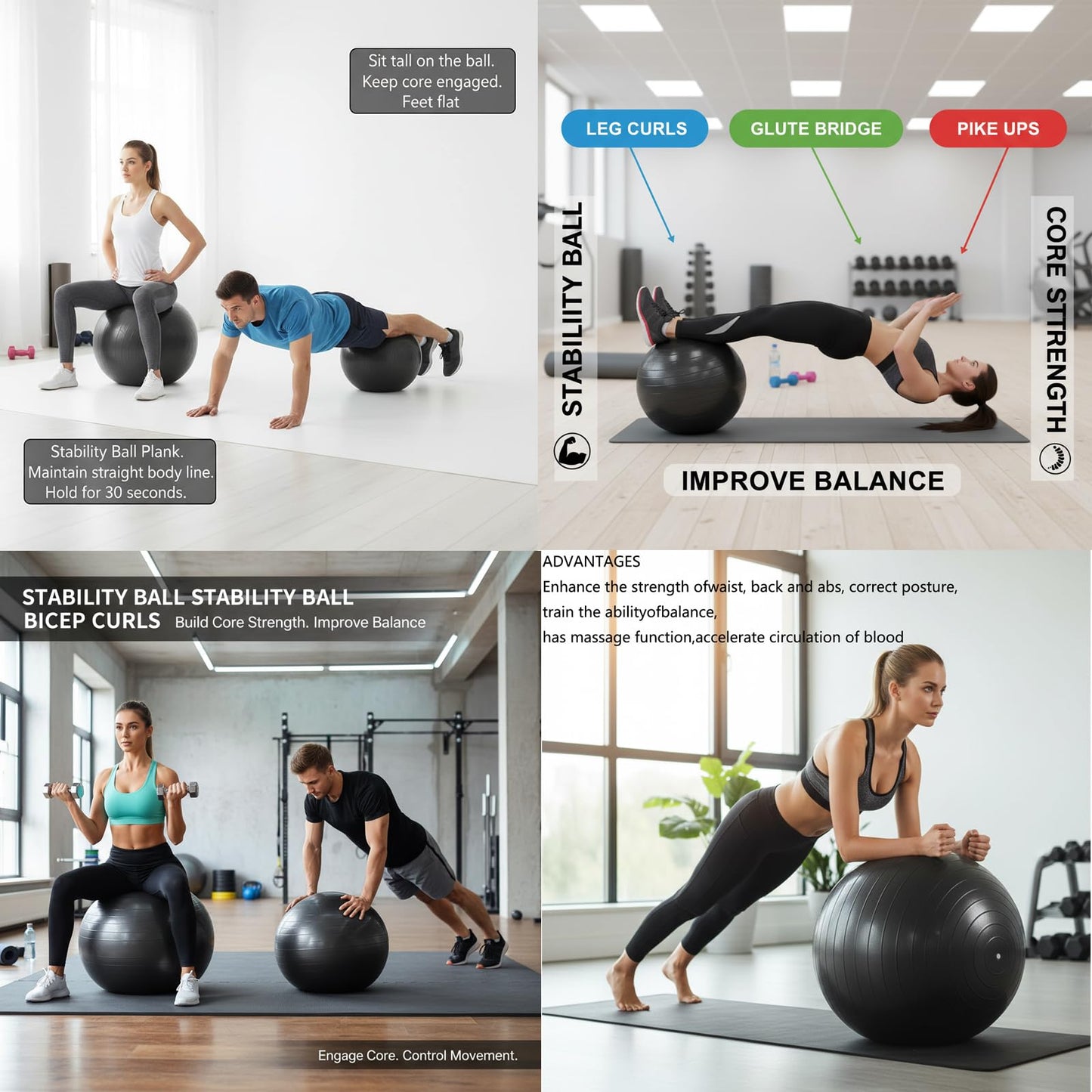 UMEUKEJI 75cm(30in) Extra Large Anti-Burst Yoga Ball with Quick Pump, Non-Slip Stability Exercise Ball for Tall Users, Home Gym, Office Chair, Black