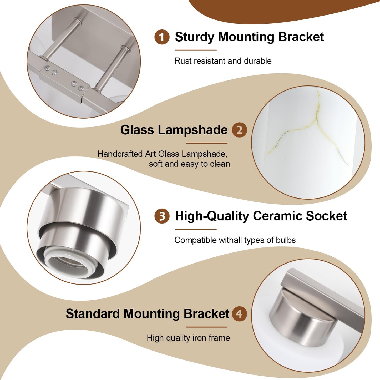 Mieloxiy 4-Light Bathroom Light Fixtures, Modern Vanity Lights, Brushed Nickel Metal Wall Lamp with White Marble Glass for Bathroom, Mirror, Living Room, Bedroom, Cabinet, Porch, Hallway, E26 Base