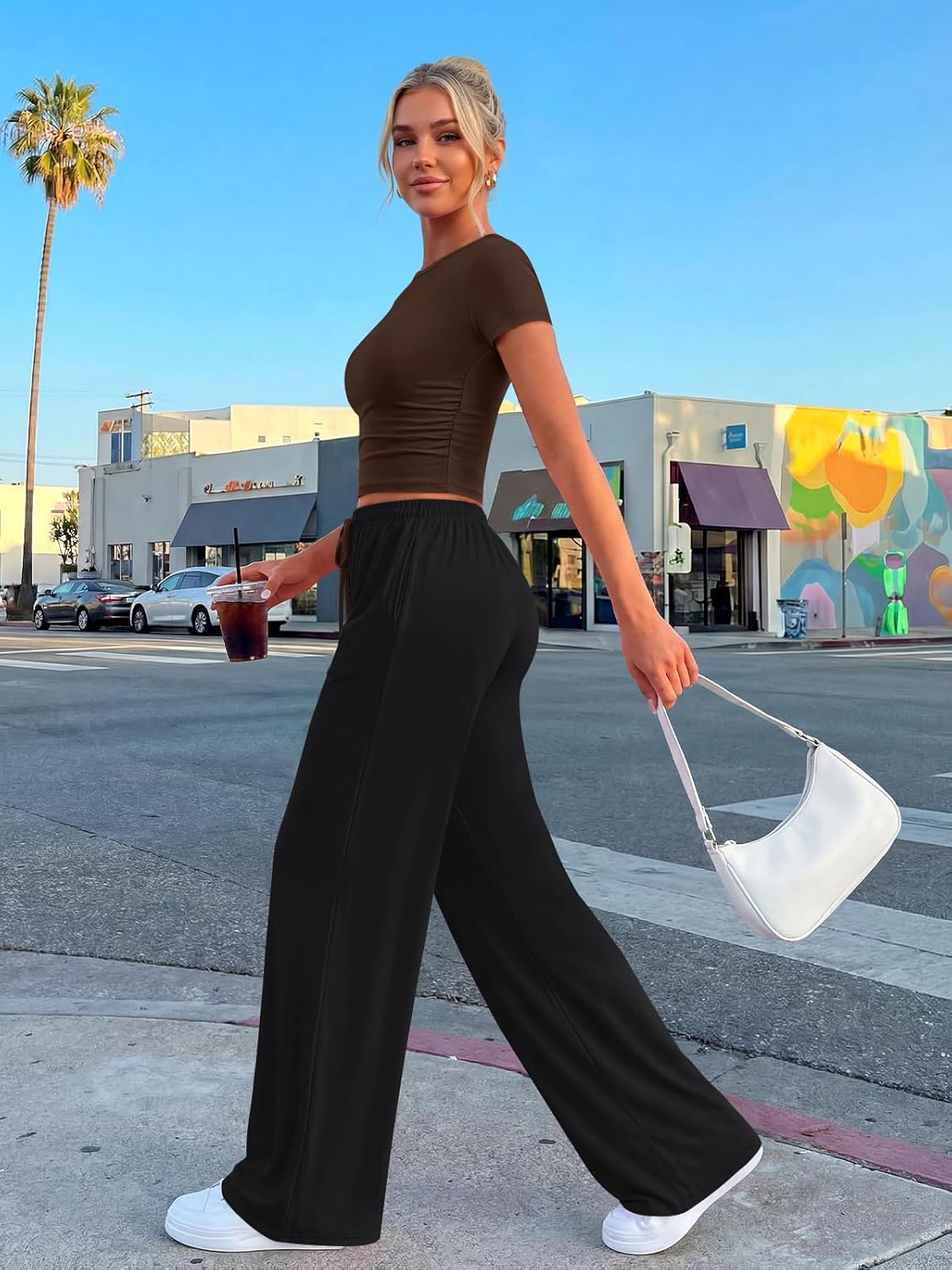 Trendy Queen 2-Piece Matching Summer Lounge Set - Women's Side Ruching Top & Wide Leg Pants with Pockets