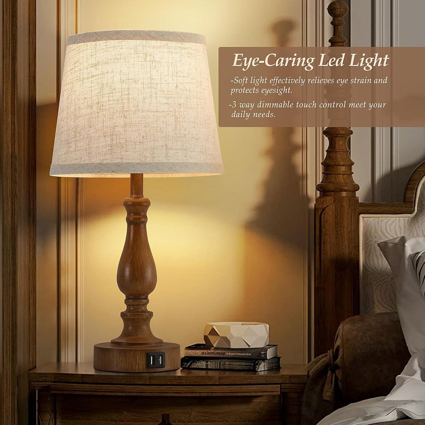 Touch Bedside Table Lamps Set of 2 with USB C+A Ports - 3-Way Dimmable Linen Shade