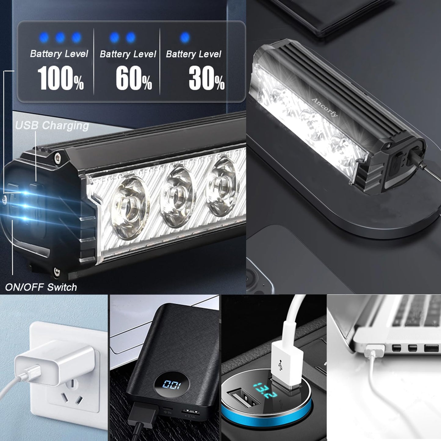 Ancorfy 3 LED 1000 Lumen Super Bright Bike Lights for Night Riding, 5 Modes Bicycle Headlight, Rechargeable and Waterproof Bike Headlight and Tail Light Set for MTB Off-Road Cycling Commuting