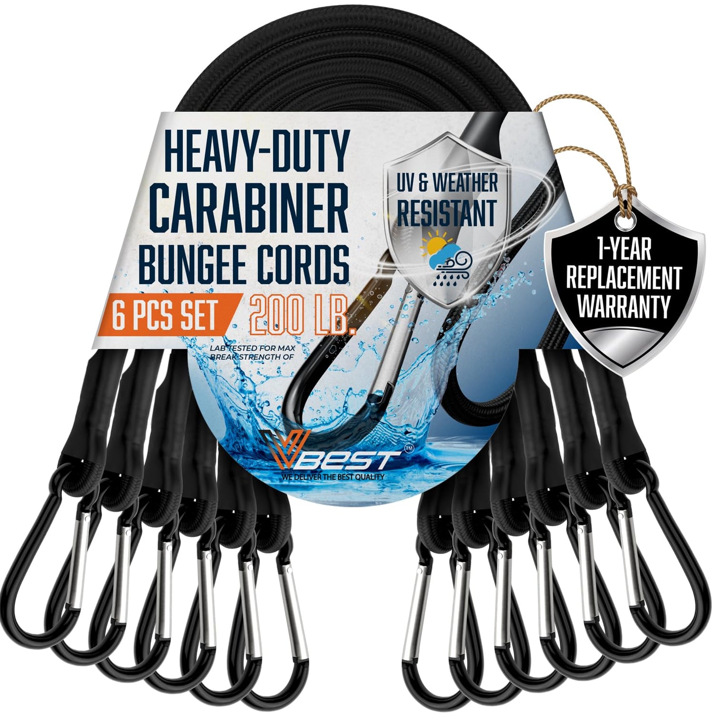 VBEST 6 Piece Bungee Cords with Hooks 36 Inch - 3ft Srong Heavy Duty Outdoor Black Bungee Cords with Carabiner Clips