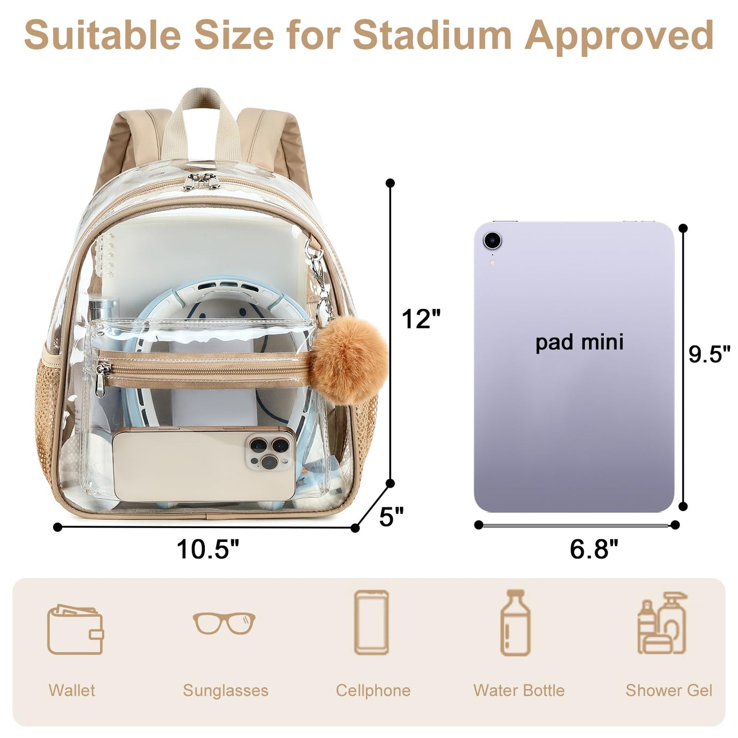 BTOOP Mini Clear Backpack for Stadium Events, 12 x 9 x 5 Inch Transparent PVC Bookbag, Fits Within Common 12x12x6 Stadium Bag Limits, for Concerts, Festivals, Women and Teens