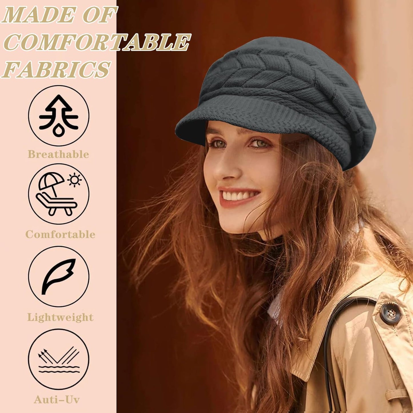 stablerice 4 Pack Womens Winter Beanie Hats Thick Warm Knit Hat with Visor Brim Wool Snow Ski Caps Chunky Soft Slouchy Cap Women Newsboy Caps Ladies Hat Knit Hats for Women