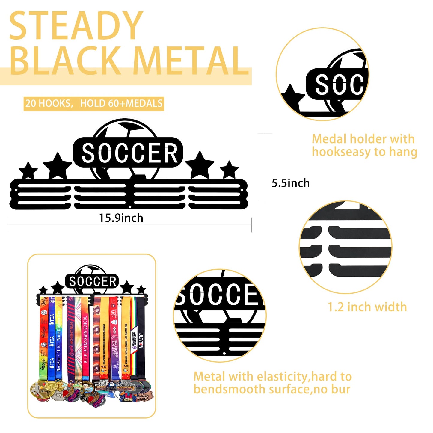 Goutoports Soccer Medal Display Hanger - Sport Award Ribbon Plaques Holder Rack for Wall Mount - Black Steel Metal Holder with 12 Hooks Hold Up 60 Medals Easy to Install