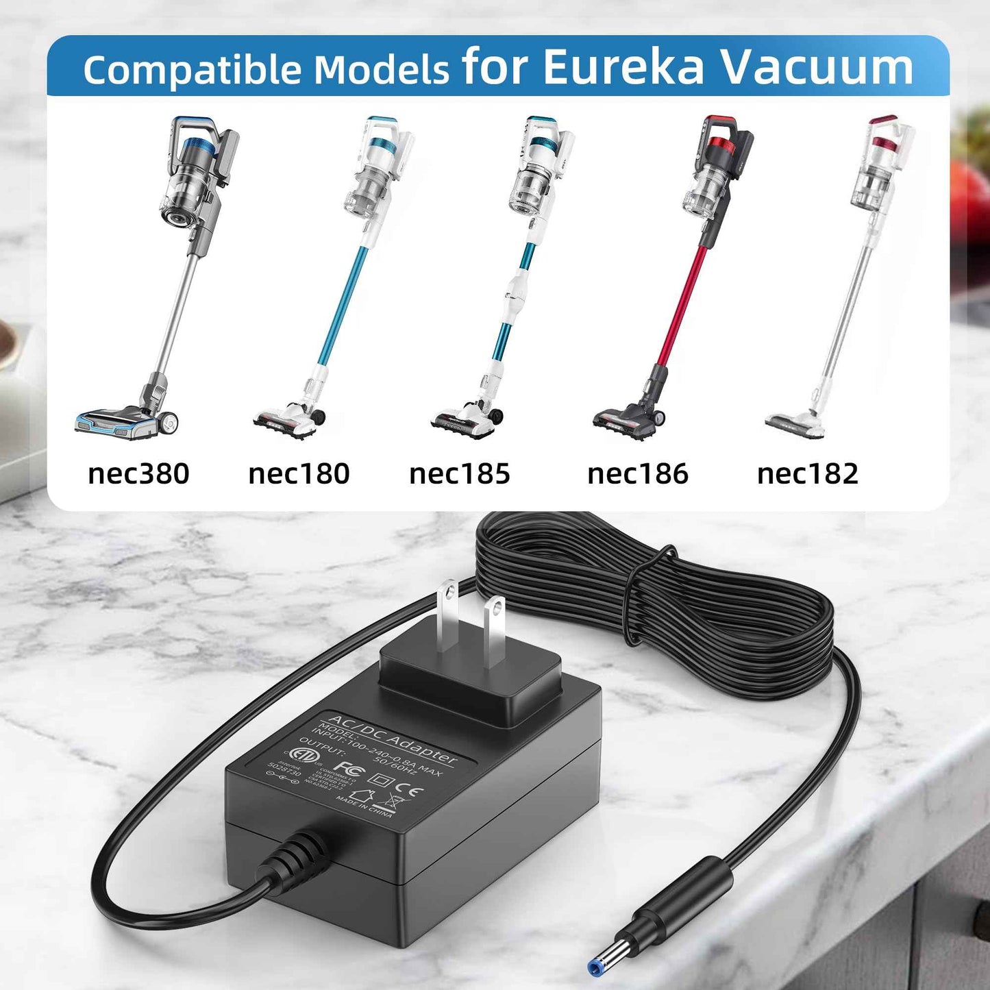 Charger for Eureka RapidClean Pro, Power Cord for Eureka Stylus Lightweight Cordless Vacuum Cleaner NEC180 NEC182 NEC185 NEC186 NEC380