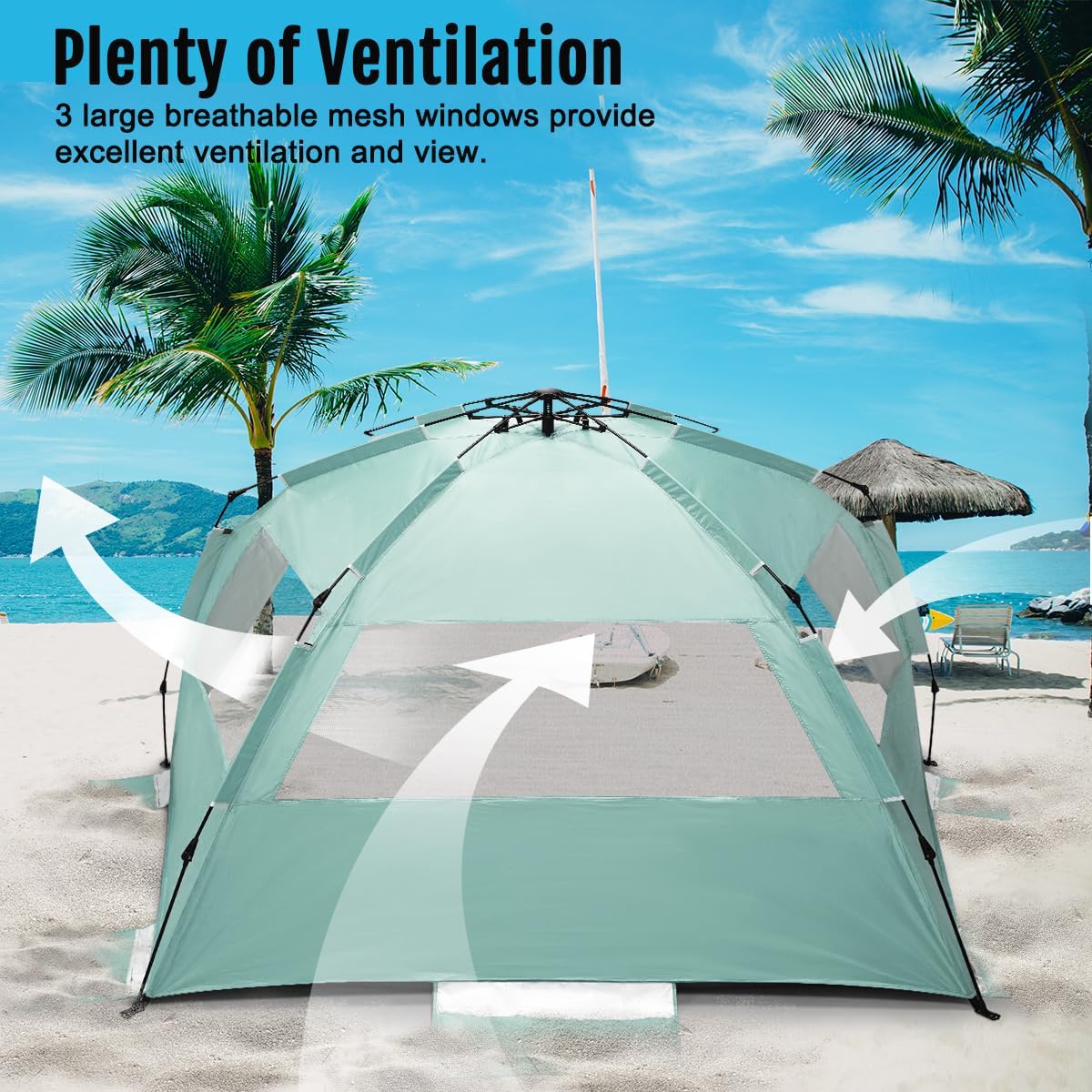 WhiteFang Deluxe Beach Tent - UV Protection Sun Shade Shelter for 3-6 People | Extendable Floor, 3 Windows, Carrying Bag Included