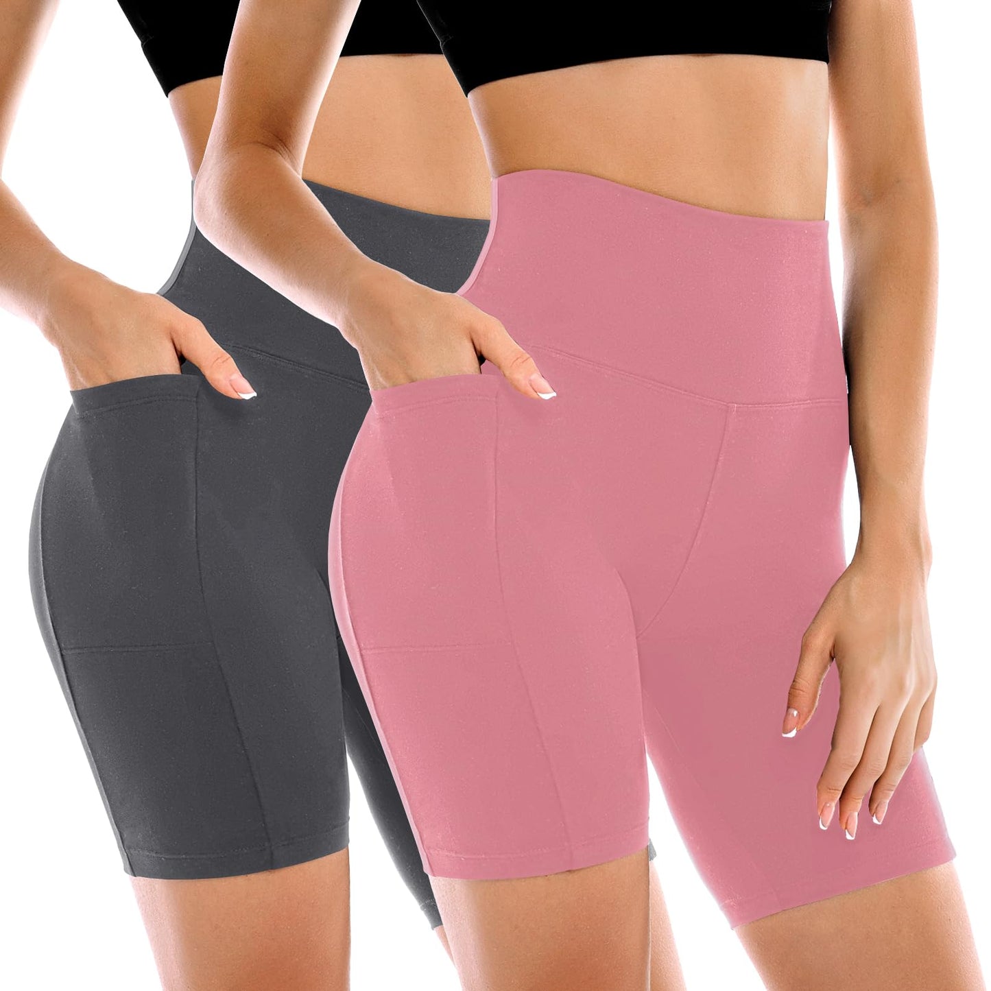 Leafigure 2 Pack Womens Biker Shorts with Pockets 6" Dusty Pink/Grey S-M