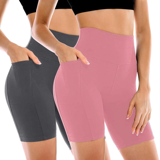 Leafigure 2 Pack Womens Biker Shorts with Pockets 6" Dusty Pink/Grey S-M
