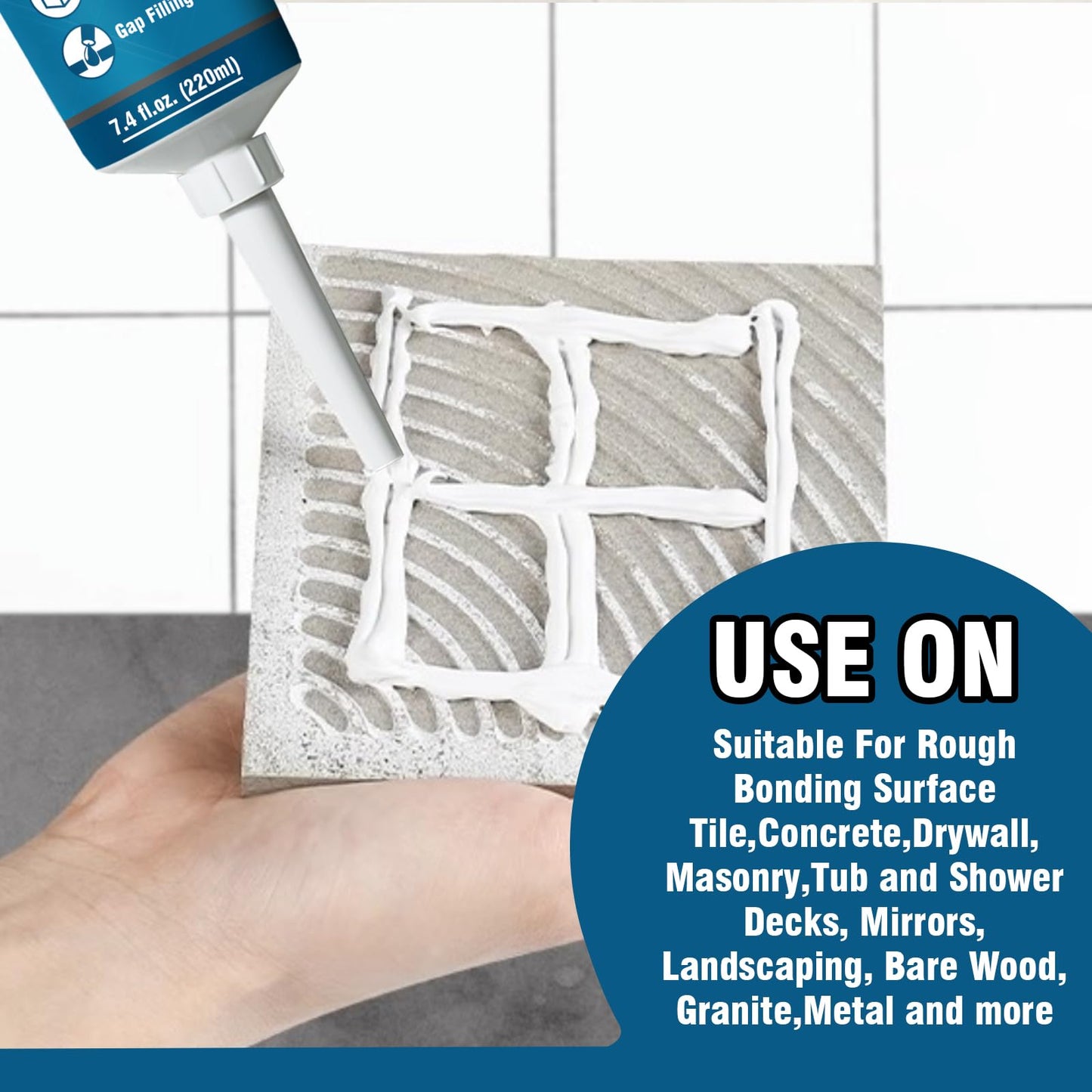 Construction Adhesive Heavy Duty, Cement Glue for Concrete, Floor, Wall, Stone, Wood and More, 7.4 Ounce Tile Squeeze Tube, Suitable for Rough Bonding Surface (220ml*1)