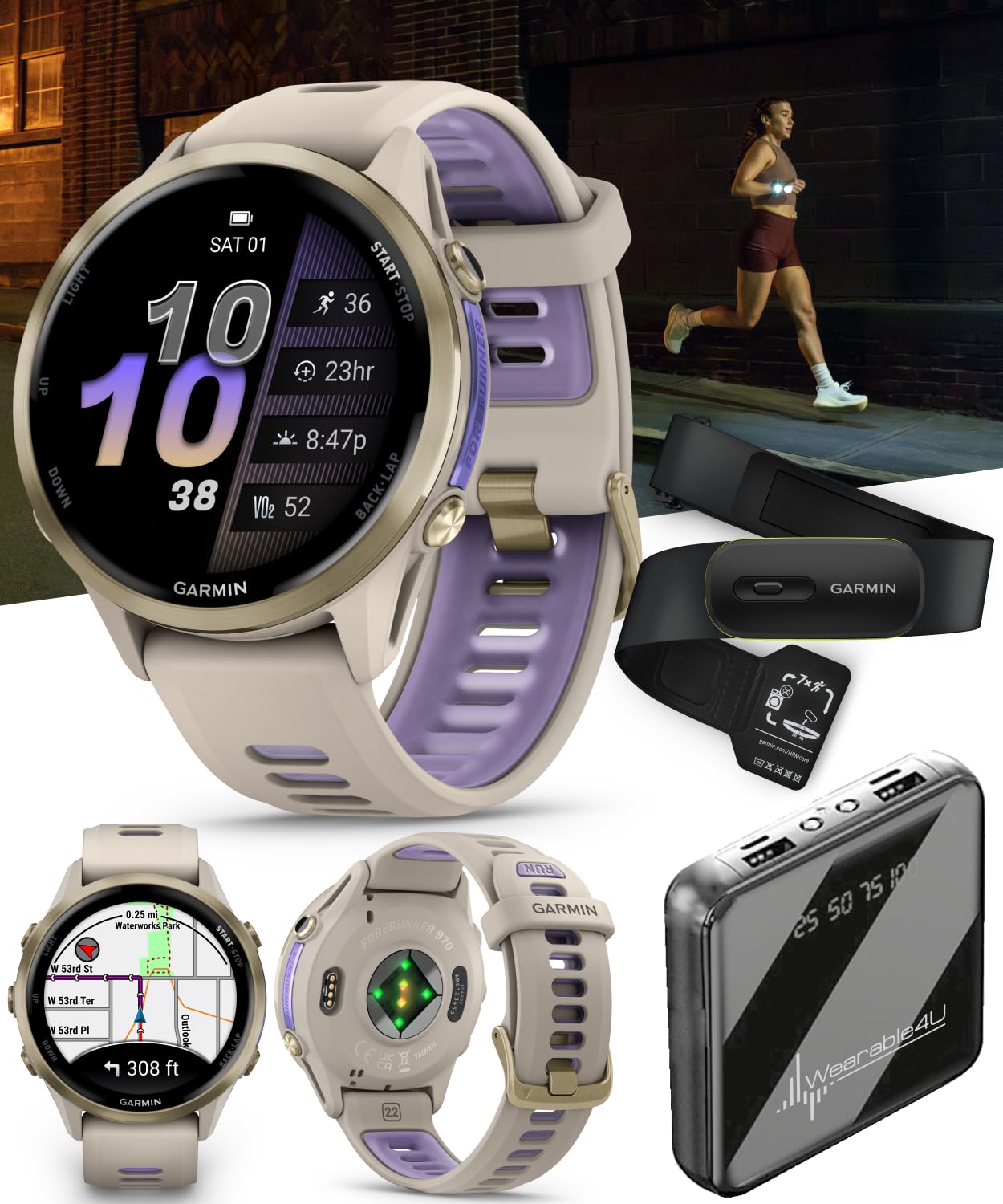 Wearable4U Garmin Forerunner 970 Soft Gold Titanium Smartwatch with French Gray Case and French Gray/Translucent Indigo Band, AMOLED Display with Garmin HRM 600 S Power Bank Bundle