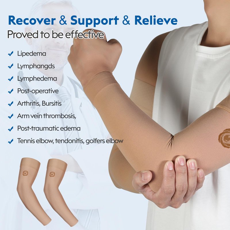 NURCOM® Medical Compression Arm Sleeve for Men Women, 20-30 mmHg with Silicone Band for Lymphedema, Lipedema, Pain Relief, Edema, Swelling, Post Surgery Recovery, 2 Pack, Beige M