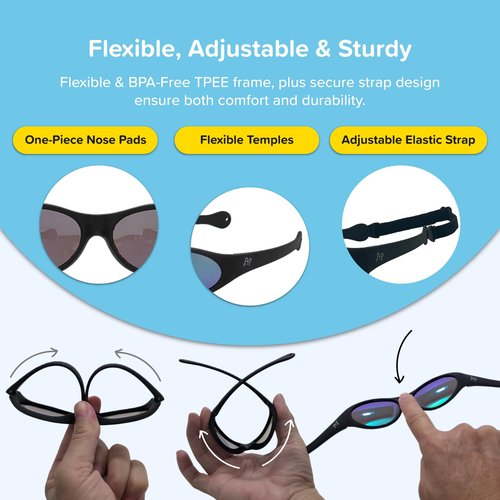 Dodoho Age 1–3 Polarized Kids Sunglasses UV400 Protection for Boys & Girls - Adjustable Strap, Flexible, Lightweight, Durable & BPA-FreeFrame, Road Trip, Beach, Travel Essentials for Kids (Matt Black)