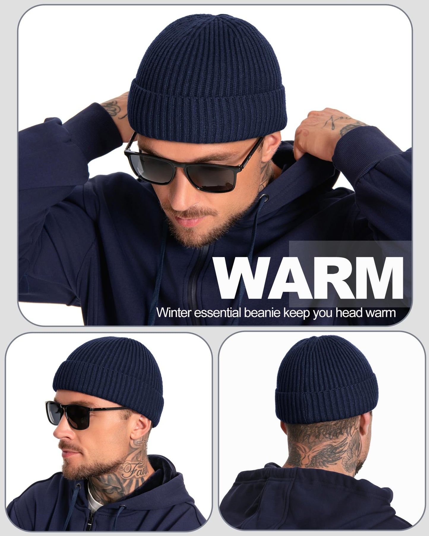 Simapu Short Wool Fisherman Beanie for Men Women, Fleece Lined Trawler Beanies Knit Cuffed Winter Warm Hat Womens Skull Cap, Navy Blue