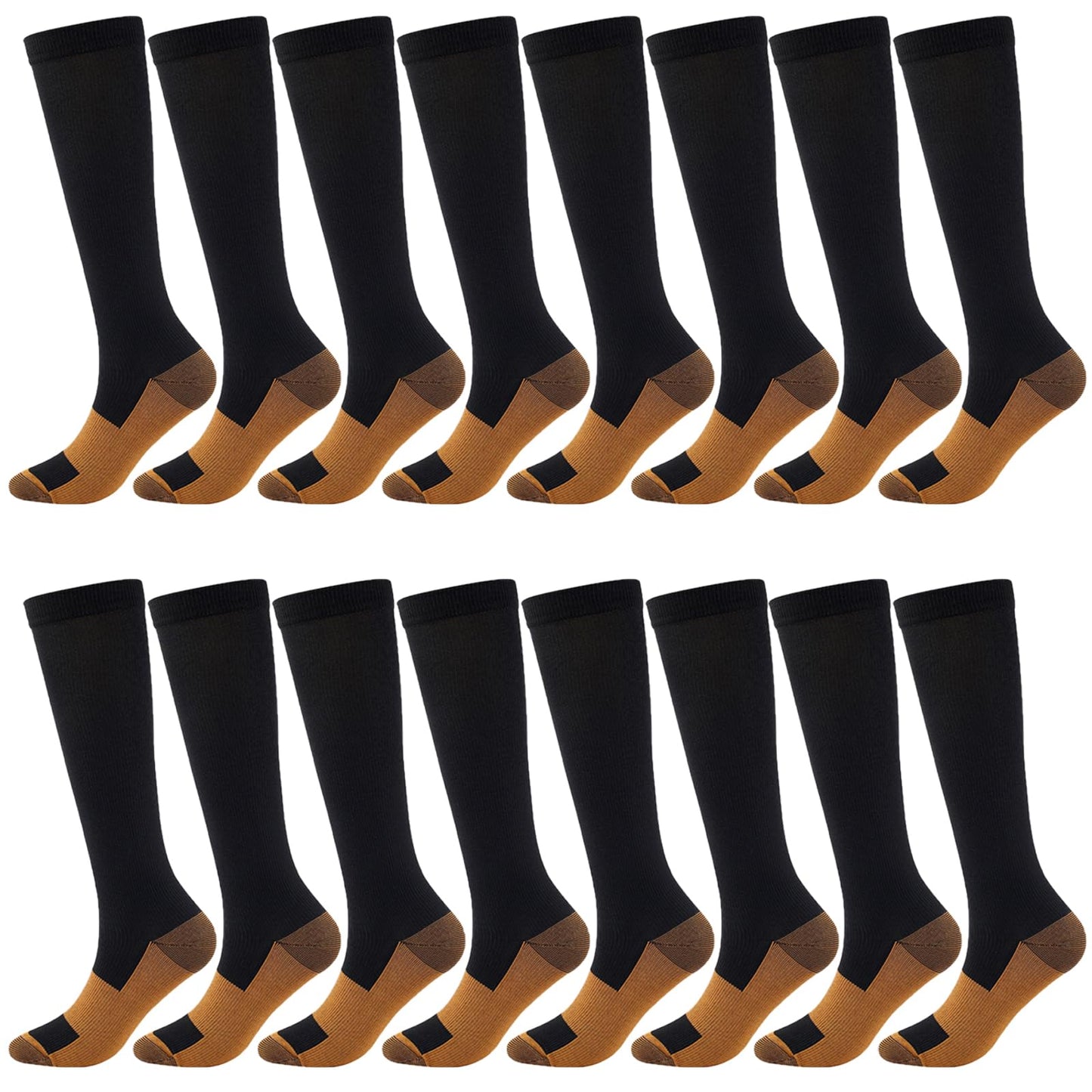 8 Pairs Copper Compression Socks for Men Circulation 15-20 mmHg Knee High Stockings for Running Hiking Climbing Cycling (US, Alpha, One Size, Regular, Regular, Black&Brown)
