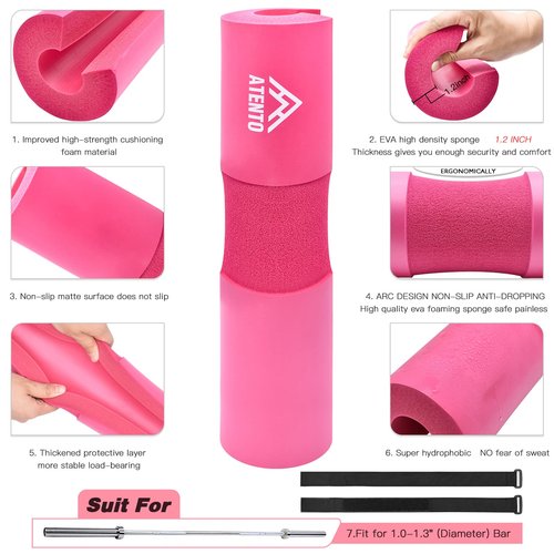 ATENTO 9Pcs Barbell Pad Set for Hip Thrusts, Thick Cushion Hip Thrust Pad for Relief Pressure from Neck Shoulder, Squat Pad Fits Standard Olympic Bars & Smith Machine, Weight Bar Pad for Bench Press, Lunges, Workout, Leg Exercise- Gym Accessories with Ank