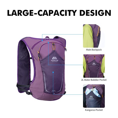 AONIJIE Running Hydration Vest for Men & Women, 8L Hydration Backpack, Multiple Pocket Designs for Water Bottles/Bladders, Lightweight Breathable for Hiking, Climbing, Marathon & Cycling - Purple