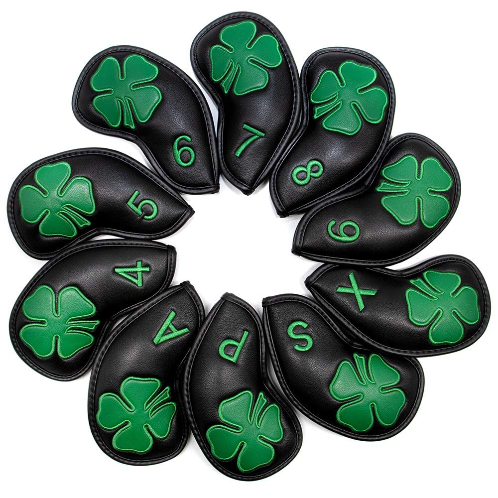 Golf Iron Covers Headcovers Club Head Cover, 4 Leaf Clover Synthetic Leather Made for Oversized Standard Small Size Pack of 10 (Black)
