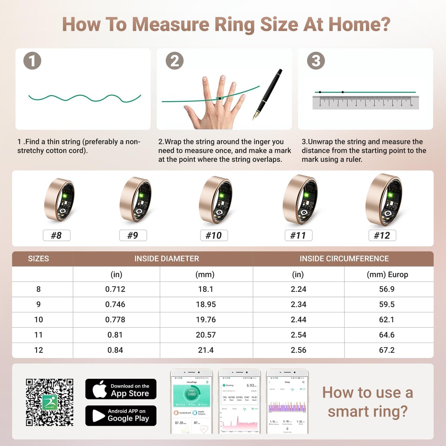 Smart Ring for Women Men, Sleep Tracker Ring with Heart Rate, Blood Oxygen, Fitness Ring for Activity Tracker/Steps/Calories, No Subscription, Waterproof Health Rings,Utra Battery Life (Rose Gold, 12)