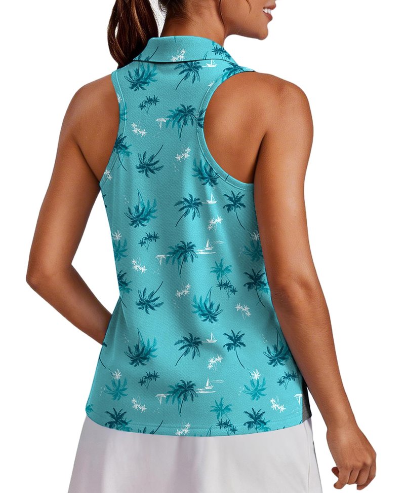 PINSPARK Ladies Golf Shirts UV Protection Athletic Shirt Sleeveless Tennis Tops Collared Pickleball T Shirts V Neck Exercise Tanks Activewear, Turquoise Coconut Tree Medium