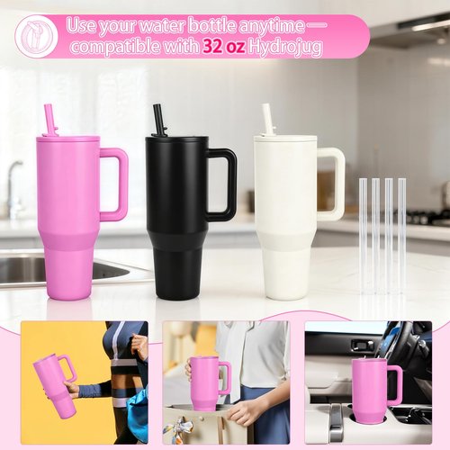 32oz Flip Straw Lid for HydroJug Traveler, Leak Proof Top Cap Replacement for HydroJug Tumbler, BPA-Free Dishwasher Safe Leak Resistant Cap with 4 Straws, Lids Accessories for Hydro Jug, Purplepink*2