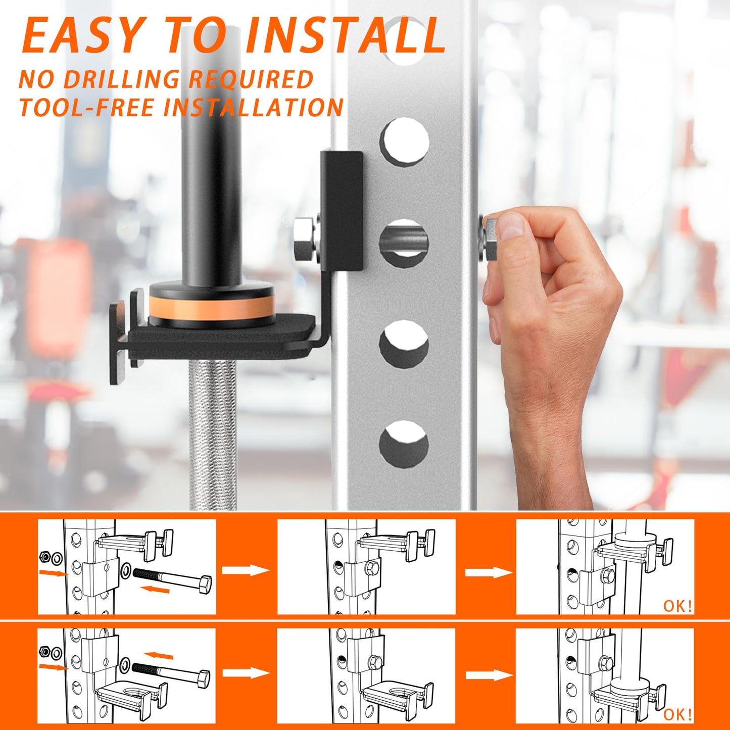 Heavy-Duty Steel Barbell Holder for 3x3 Inch Power Racksb No Drilling Required Fits 5/8’‘-1’’ Holes with Protective Rubber Padding Space-Saving Gym Storage Rack Secure Organizer for Olympic Bars