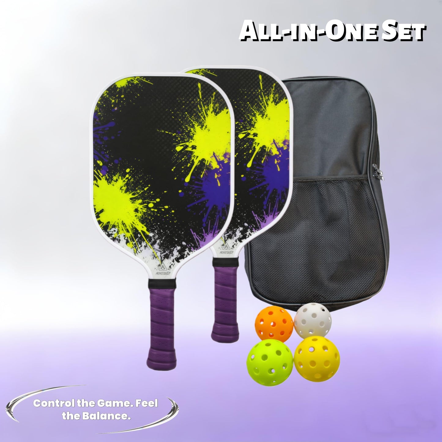 Pickleball Paddles Set of 2 - Fiberglass Pickleball Rackets with 4 Balls 1 Potable Carry Bag, Ink Splash Pickle Ball Paddle Set for Men and Women