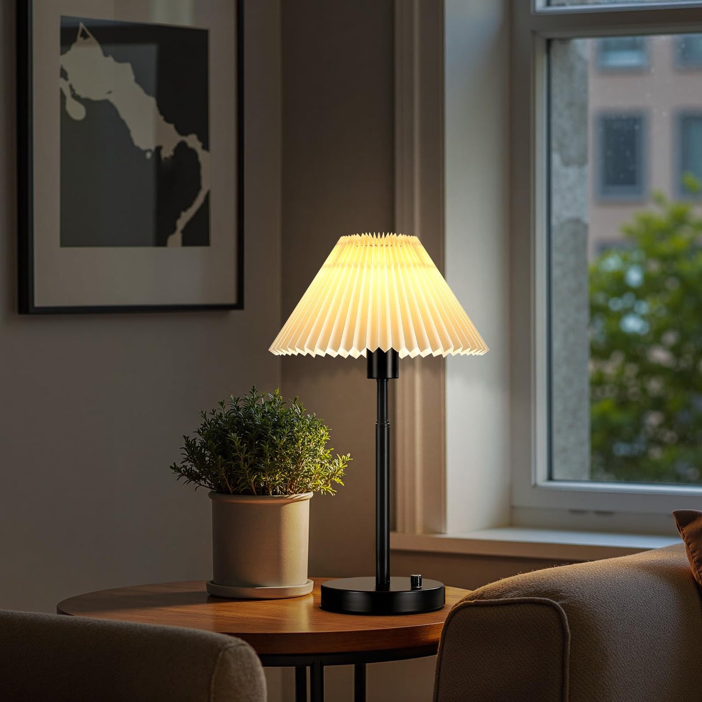 RUIYEY Bedside Table Lamp Set of 2: Dimmable Nightstand Bedside Lamps with USB A and C Ports, Modern Metal and Pleated Fabric Shade Black Desk Lamp for Bedroom Living Room Home Office Reading