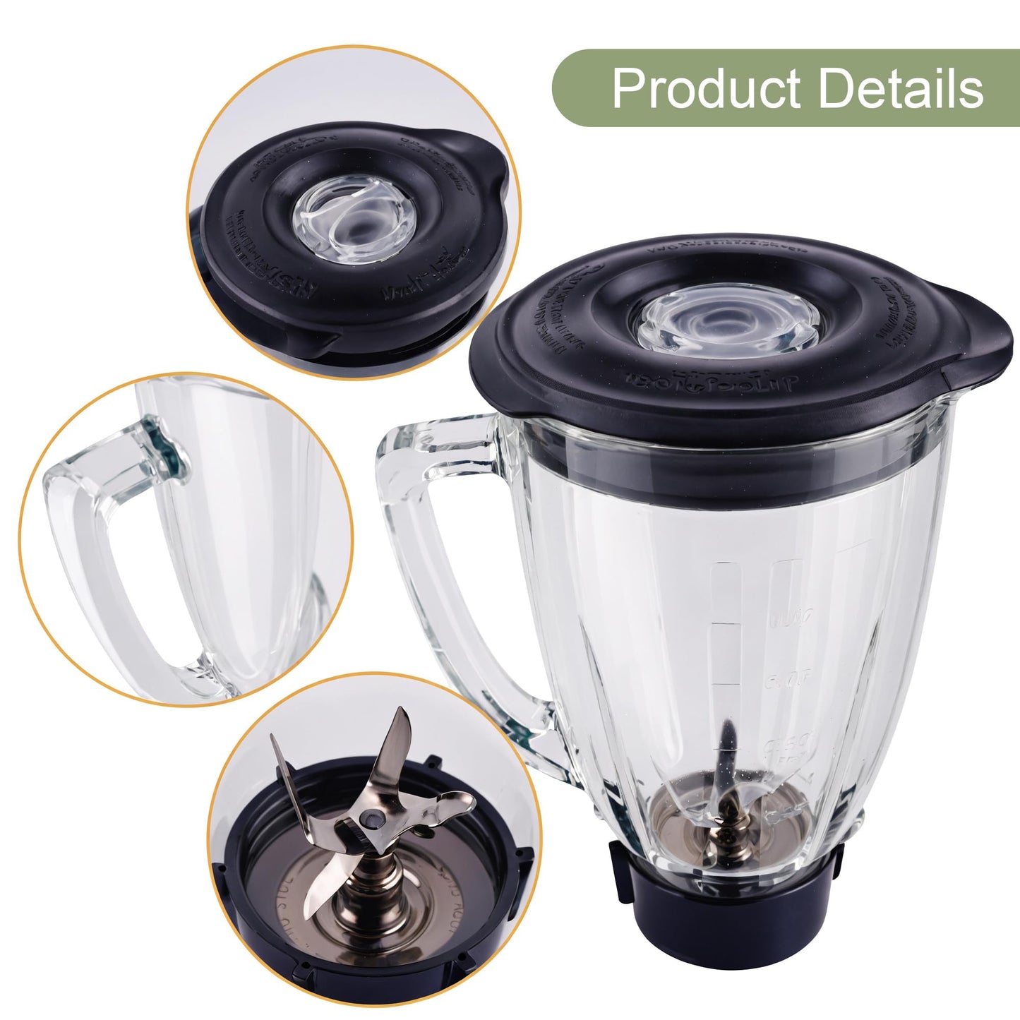 Equust 6-Cup Glass Jar with Blade with Lid, Replacement parts Compatible with Oster Blenders