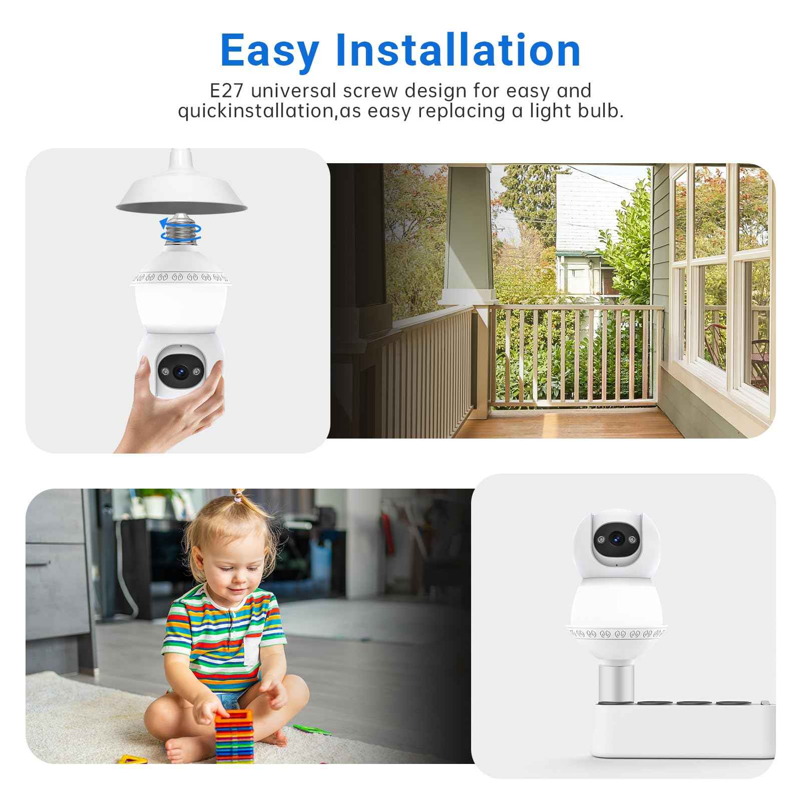 Light Bulb Security Camera, 2.4G/5GHz WiFi 2K Security Cameras Wireless Outdoor Indoor,Bulb Cameras for Home Security,AI Human Detection,Siren Alarm,2 Way Talk,Color Night Vision,Compatible with Alexa