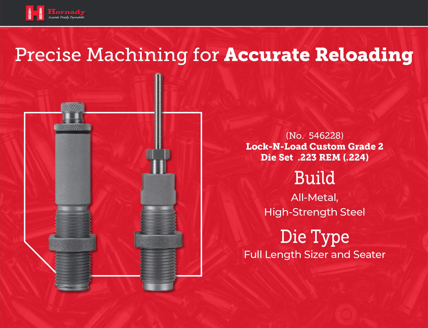 Hornady Custom Grade New Dimension 2-Die Set, 223 REM (.224) (546228) - Caliber Specific Reloading Equipment for Handloaders with Full Length Sizer Die, Seating Die, Sure-Loc Rings, & Storage Box