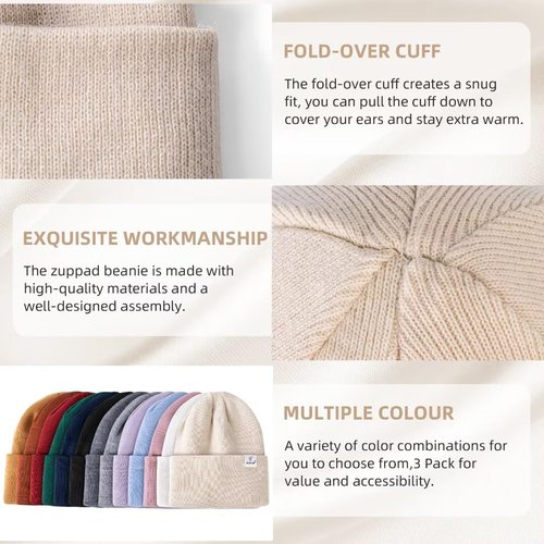 3 Pack Satin Lined Winter Beanie Hats,Silk Lined Beanie Knit Soft Warm Cuffed Hat for Women Men Color 5