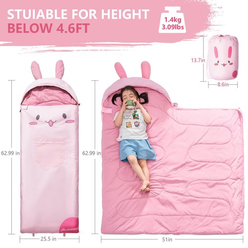 BISINNA Kids Sleeping Bag for Boys Girls with Pillow 3 Season Camping Sleeping Bag Portable for Children Hiking Backpacking Indoor Outdoor