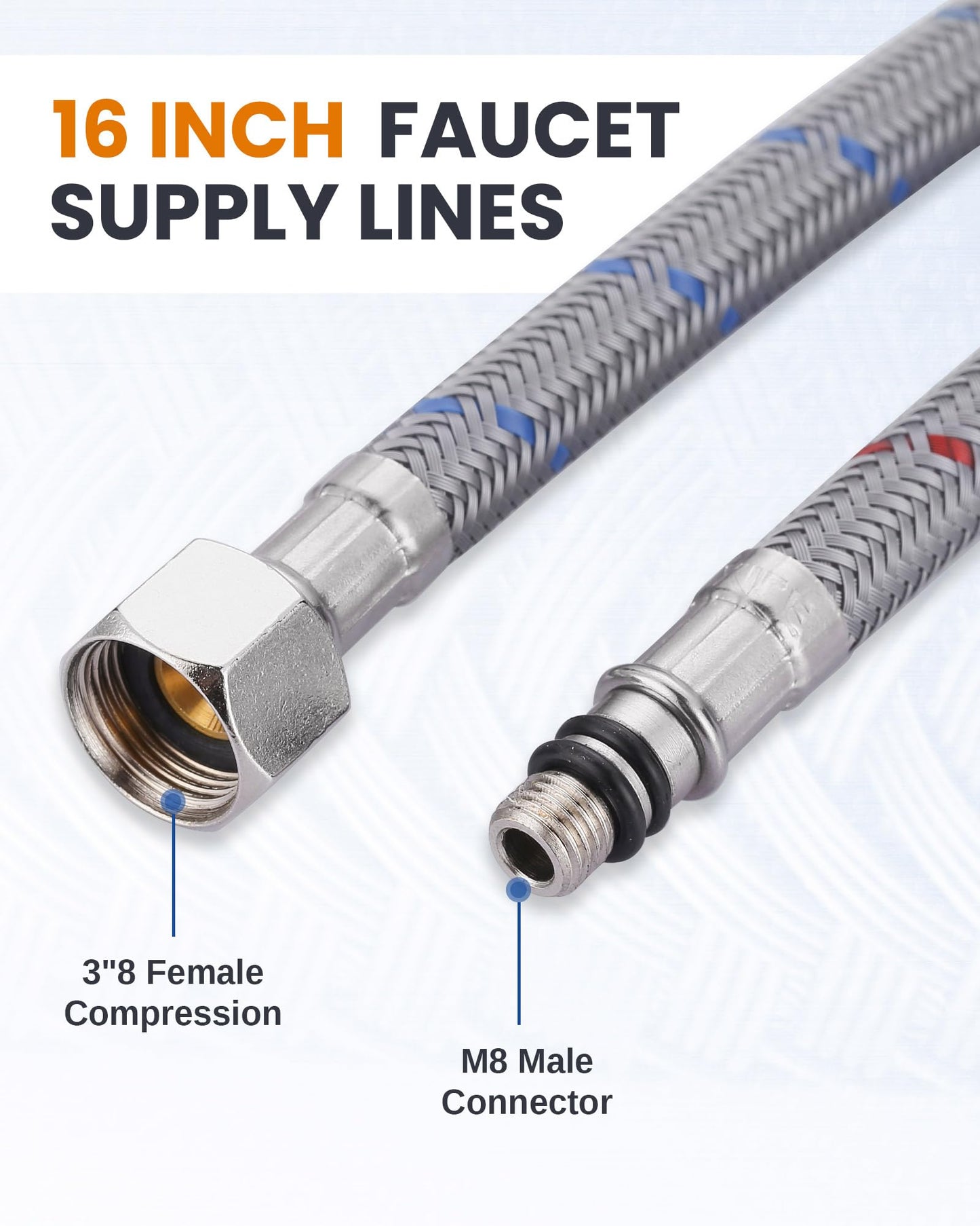 Faucet Supply Lines：WOWOW 16" Length Bathroom Kitchen Faucet Sink Hose with 3/8" Female Compression Thread x M8 Male Connector, Braided Nylon cUPC Water Supply Line 2PCS
