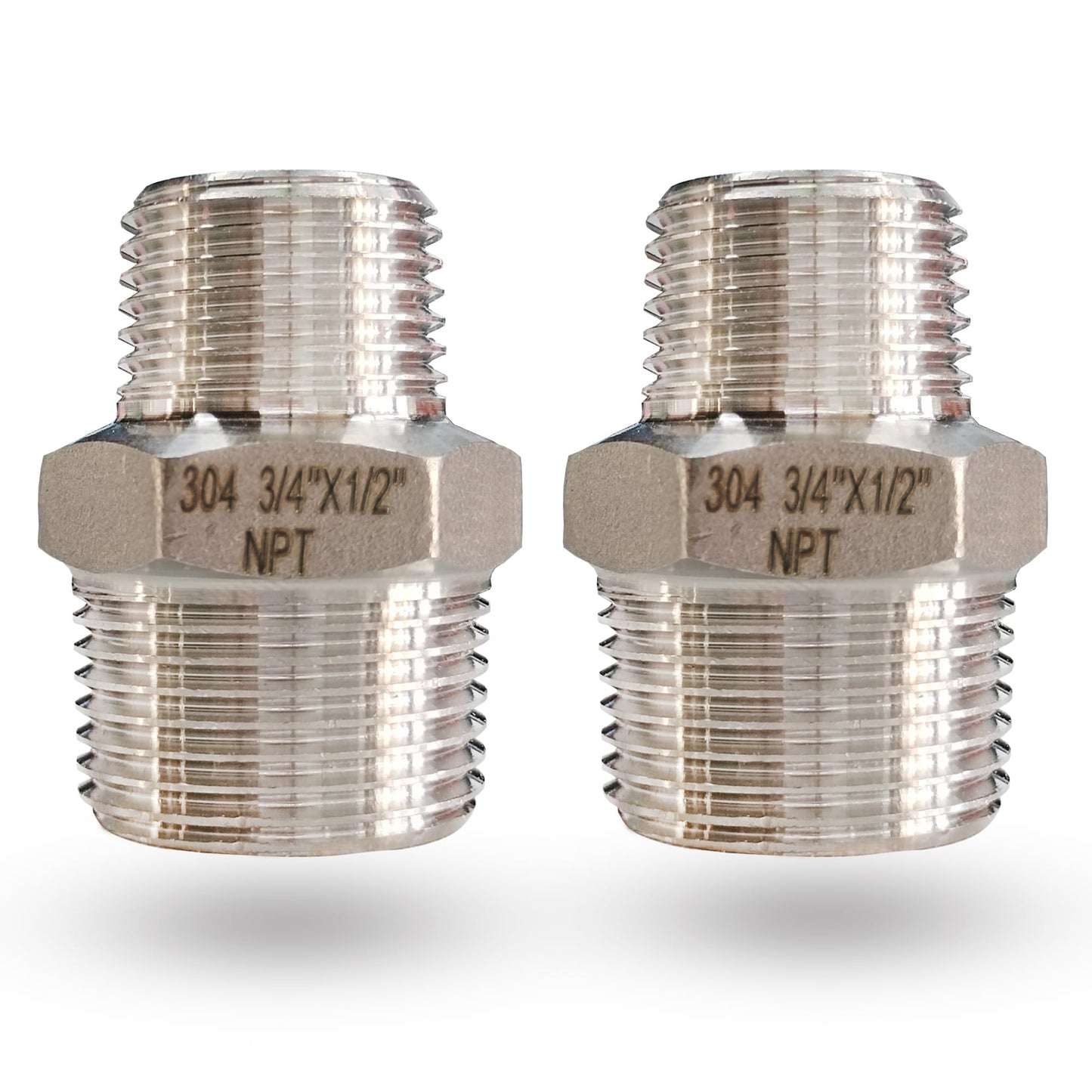 304 Stainless Steel Hex Nipple Reducer, 3/4" x 1/2" NPT Male Threaded Reducing Nipple Pipe Fitting Adapter, 2000psi Heavy Duty Reducer Straight Connector (3/4"- 1/2")