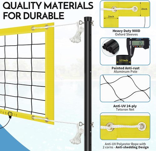 Base Free Pool Volleyball Net Set - Adjustable 15-26 Ft Length & 3 Heights | Includes 2 Volleyballs & Carry Bag